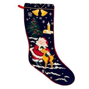 Christmas Stocking Needlepoint Navy Blue Red Santa Rudolph Tree Snow Holiday